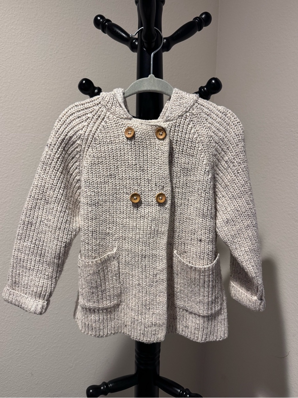 Zara Cream Hooded Double-Breasted Knit Jacket